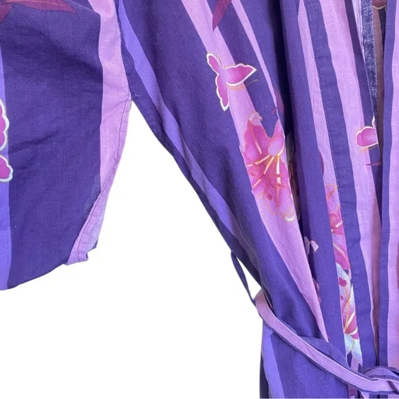 ichiban Purple Striped Cotton Open Front Vintage Belted Robe Butterfly Kimono